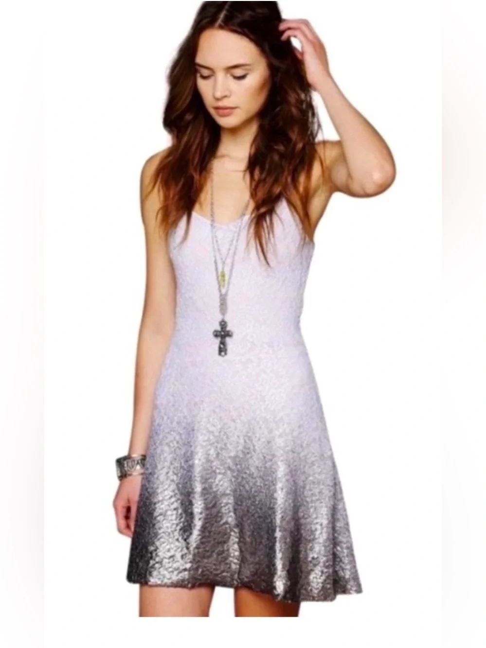 Sleeveless Ombre Silver to White Lace Fit & Flare Dress